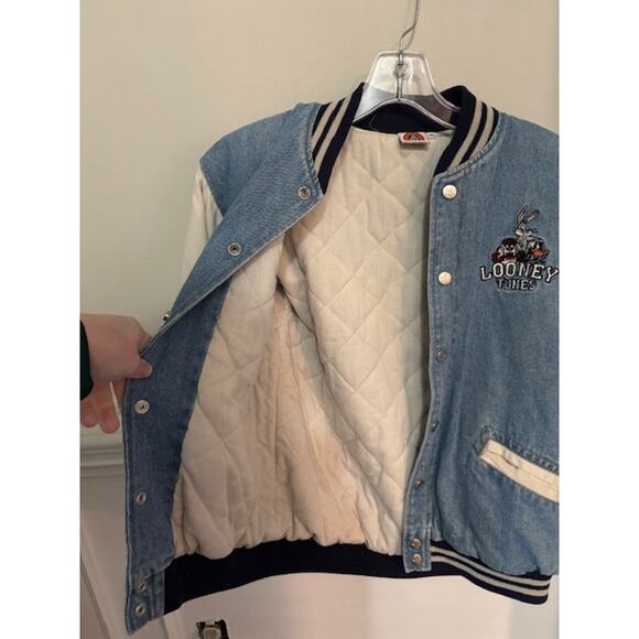 Vtg 90s Looney Tunes Warner Bros. Embroidered Denim Varsity Jacket Youth 12 - Picture 4 of 10